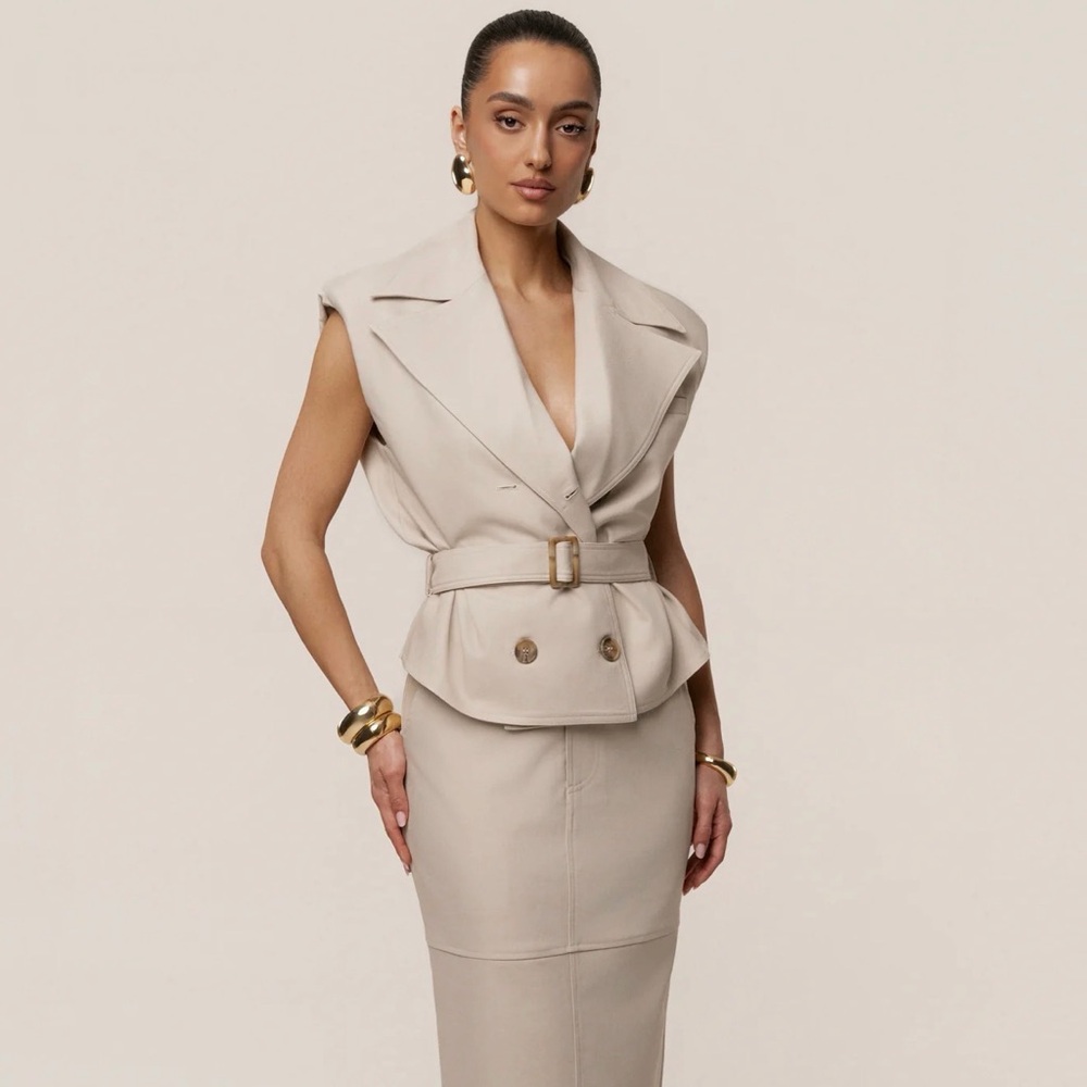 JLUXLABEL BEIGE IN FOCUS BELTED VEST AND SKIRT SET